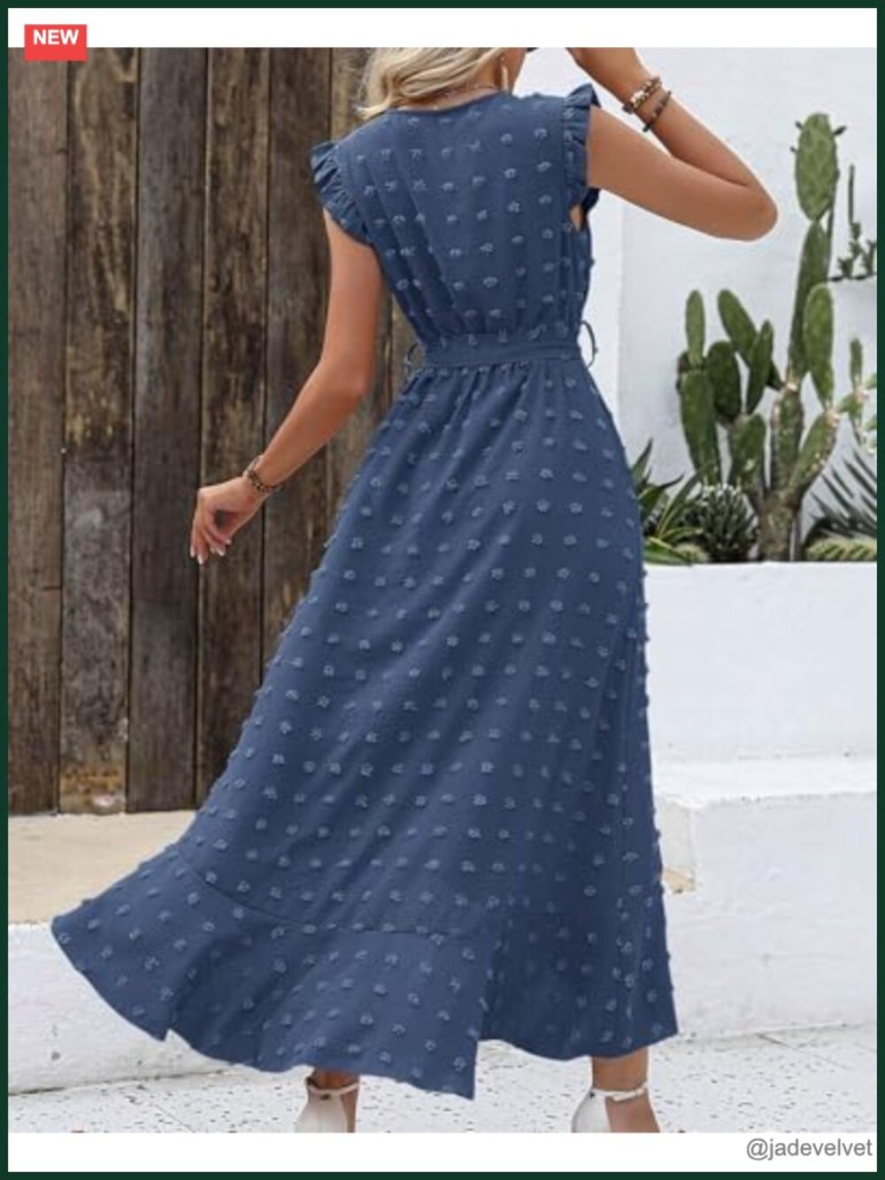 Swiss Dot Flowy Ruffle Wrap V-Neck Cap Sleeve Maxi Dress - Picture 3 of 6